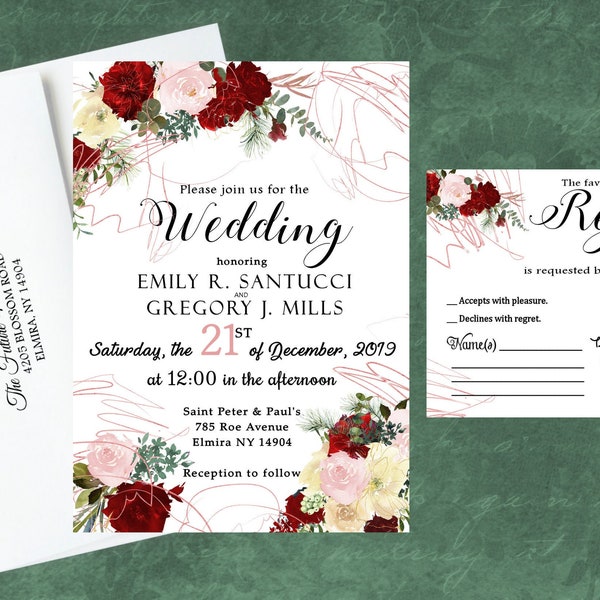 rustic wedding invitations floral red wintergreen winter invites and rsvp cards bridal shower