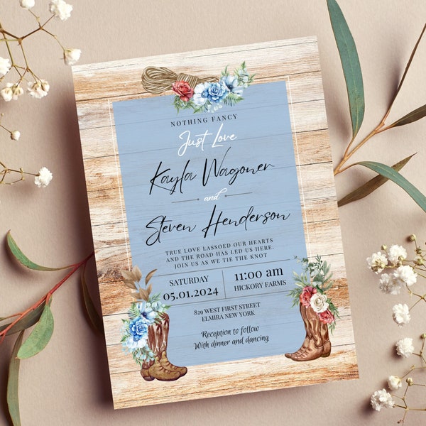 Custom Dusty Blue Western Southern Country Wedding Invitations With Boots and Flowers, Personalized for Weddings, Anniversary, Bridal Shower