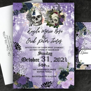 Wedding Invitations Purple or Orange Bridal Shower Skull Spooky Gothic Invites