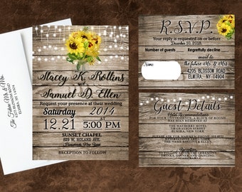 Sunflower Rustic Wedding Invitation set of 30 Farm Invites with RSVP and Guest Country Barn Rustic