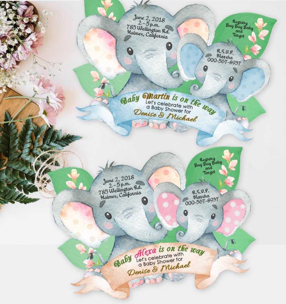 Elephant Baby Shower Invitations Girl Birthday Invitation Boy Etsy