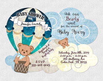 Teddy Bear Baby Shower Invitations Boy or Girl Sprinkle Invitations With Envelopes Hot Air Balloon Baby Shower