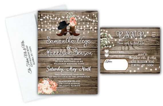 Rustic Country Wedding Invitations Western Cowboy Boot Theme Set With RSVP Cards Qty of 80 Printed Personalized Invites Bridal Shower