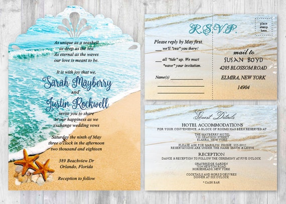 45 Starfish Beach Wedding Invitations Ocean Wedding Beach Invitation Sand Heart Invitations Destination Wedding