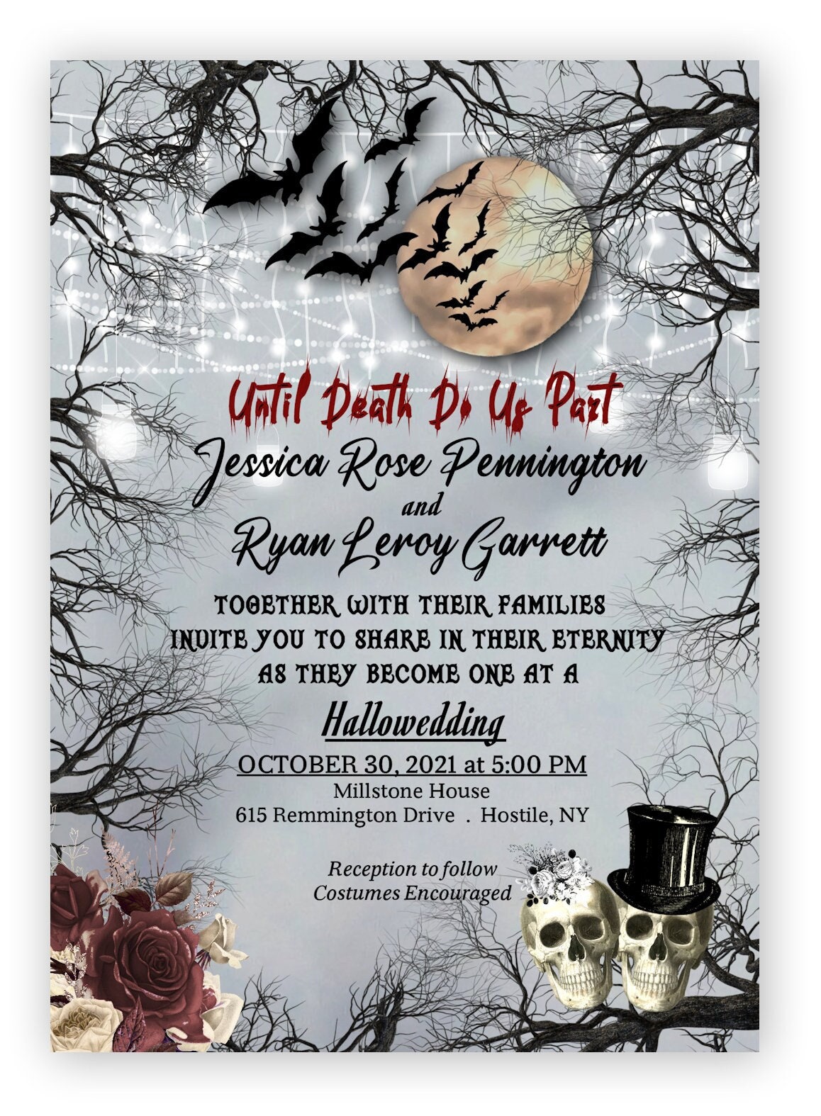 Wedding Invitations Halloween Skull Theme Bat October Invitation Moon Spooky Invites Personalized