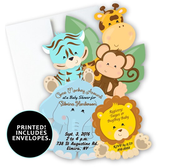 Boy Jungle Invitations Safari Theme Die Cut Invites Monkey Etsy