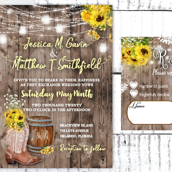 Sunflower Wedding Invitations Yellow Elegant Unique Invite Bridal Shower Boots Barrel Personalized Printed Rustic Invitation Fall