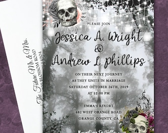 Skull Wedding Invitation Fall October Halloween Gothic Day of the Dead Wedding Masquerade Invitations