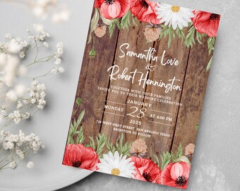 Rustic Wedding Invitations Country Theme Western Southern and Envelopes With Daisy Flower and Spring or Summer Greenery