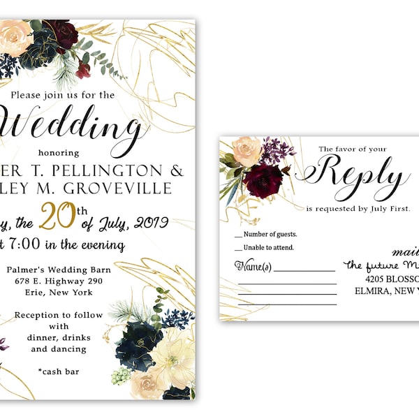 Rustic Wedding Invitations | Gold Fall Invitation | Rustic Bridal Shower Floral Blue and Red Ivory Wedding Invites With RSVP Cards