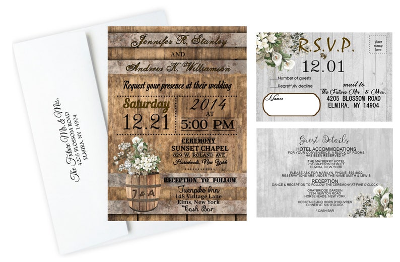 Rustic Wedding Invitations Country Theme Set With RSVP Cards and Extra Card Calla Lily Barrel Baby Breath Set of 80