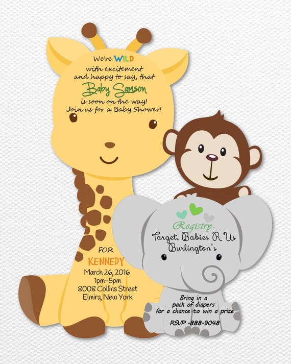Jungle Baby Shower Invitation Safari Invites Monkey Giraffe Elephant Blue Pink Girl Boy