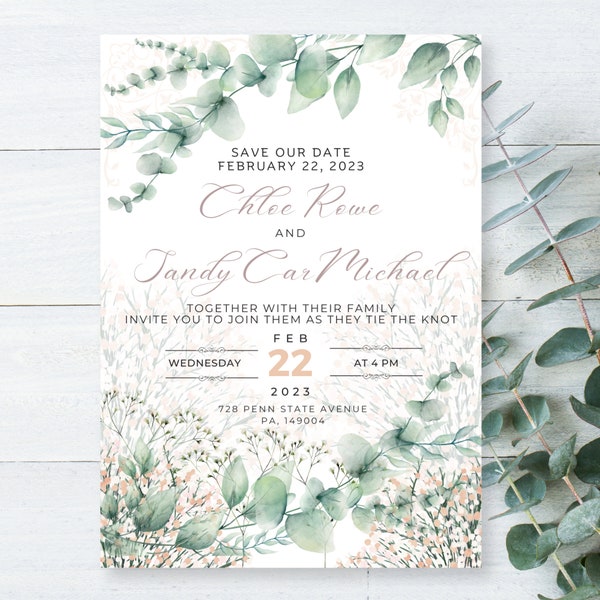 Eucalyptus Wedding Invitations, Custom Elegant Affordable Invites Personalized, Rustic Bridal Shower Invitations Greenery Floral Invites