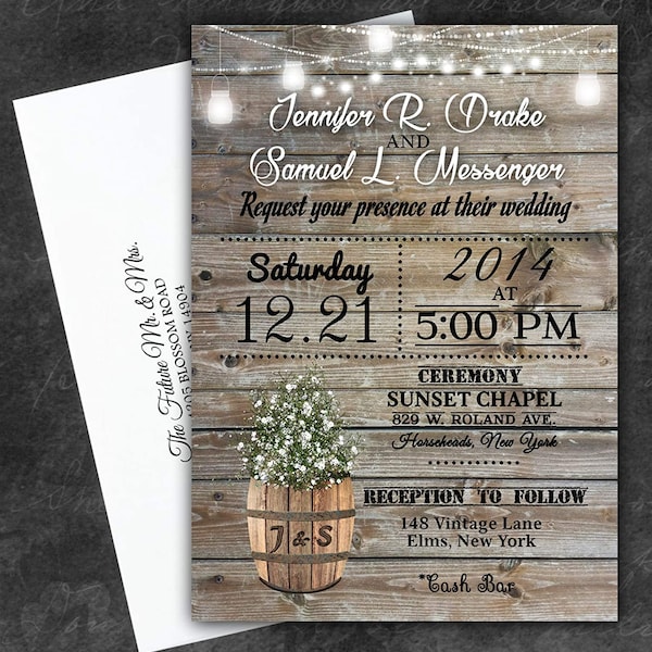 Barrel Rustic Wedding Invitations Baby Breath Bouquet with Rsvp Cards Bridal Shower Rehearsal or Wedding