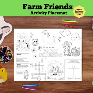May include: A black and white "Farm Friends Activity Placemat" with farm animal illustrations, a crossword puzzle, and a design a scarecrow activity. The placemat is surrounded by crayons, a cow-shaped plate, a yellow chicken, and a bowl of strawberries.