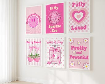 Conjunto de 6 artes para impressão com estética rosa da moda, decoração para dormitório universitário, presente para meninas elegantes, download digital, decoração de coquete