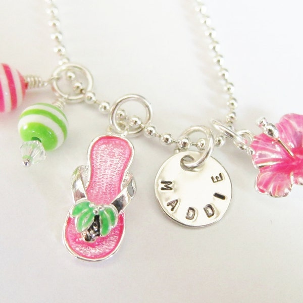 Hibiscus Flower - Hawaii - Luau - Tropical - Palm Tree - Beach - Flip Flop Necklace - Personalized Necklace - Childrens Jewelry Little Girls