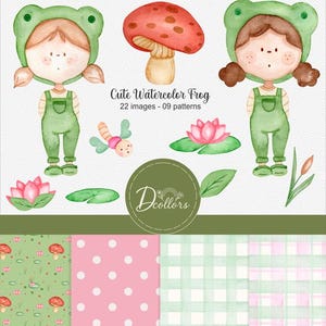 Grenouille aquarelle, pack clipart de grenouille, animaux mignons des marais, papier numérique, fichiers PNG, grenouille, fleur mignonne, illustrations numériques de la nature