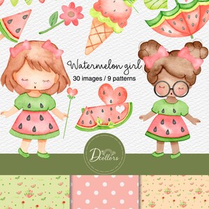 Aquarelle de pastèque, scrapbooking, fichiers PNG aquarelle, clipart de fruits tropicaux d'été, fleur mignonne, illustrations numériques de la nature