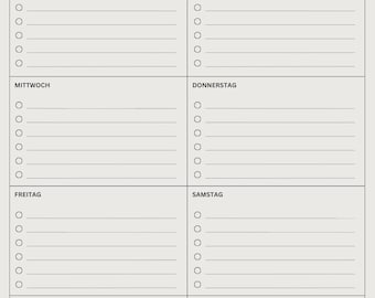 May include: A beige weekly planner, featuring the word "Wochenplaner" in cursive script. The planner is divided into sections for each day of the week, with space for notes and tasks.