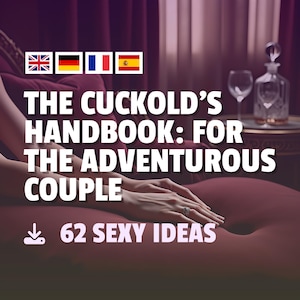 May include: Image of a book cover with the title "The Cuckold's Handbook: For The Adventurous Couple" in white text. The image includes the text "62 Sexy Ideas" and a download icon. The background is a blurred interior with a wine glass and decanter.