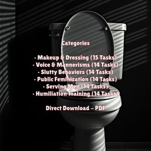 Puede incluir: Un inodoro blanco con la tapa abierta, sobre un fondo oscuro con sombras rayadas. El texto en la tapa enumera categor&iacute;as como "Makeup & Dressing" y "Serving Men", con un llamado a la acci&oacute;n "Direct Download - PDF".