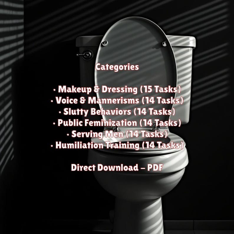 Puede incluir: Un inodoro blanco con la tapa abierta, sobre un fondo oscuro con sombras rayadas. El texto en la tapa enumera categor&iacute;as como "Makeup & Dressing" y "Serving Men", con un llamado a la acci&oacute;n "Direct Download - PDF".