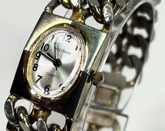 Rare Waltham Quartz 18x22mm Silver/Gold tone, Heavy, Double-strand Curb Link Bracelet with New Battery.