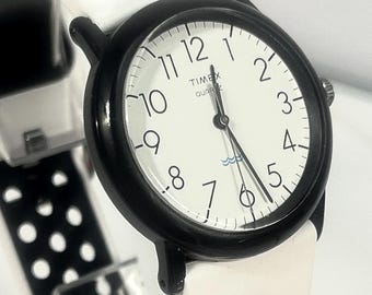 Timex Vintage Quartz White Dial Black Case Blue Wave Polka Dot Strap Retro Eighties Pop Art Sporty Chic Collectible Casual Timepiece Style