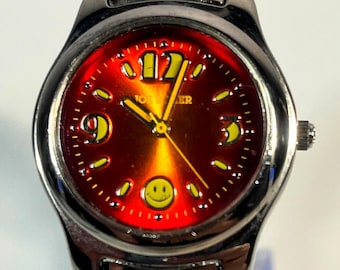 Joe Boxer Y2K Watch Polished Silver Metal Band Domed Bubble Crystal Orange Red Gradient Dial Floating Smiley Face Icon Quartz Movement