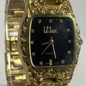 Le Jaye Quartz Watch Vintage Gold Nugget Style Black Dial Rhinestone Markers Date Window Metal Link Bracelet Working Condition