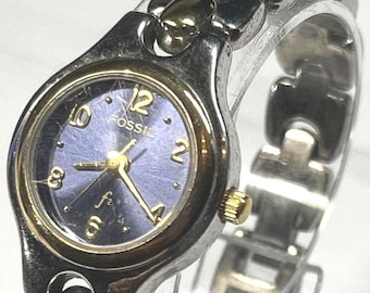 Fossil F2 ES-8949 ladies quartz watch two tone stainless steel with blue dial, new battery installed in this 2000s 23mm model