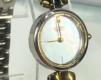 Citizen Vintage Ladies Quartz Two Tone Bangle Mother Pearl Dial New Battery Mint Condition Runs Perfect Rare Chic Elegance Buy Now