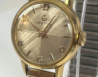 Certina Vintage Watch Swiss Mechanical Gold-Plated Textured Linen Dial Arabic Numerals Manual Wind Expansion Bracelet Mid Century Style