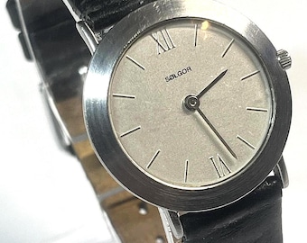 Solgor 30mm Quartz watch, slim case "6mm", black leather strap silver dial roman numerals with new battery