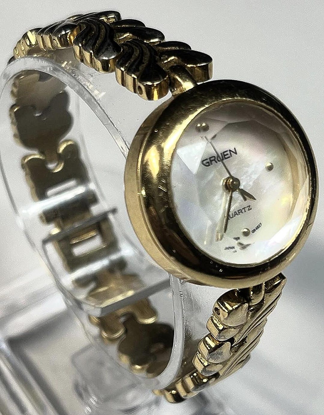 Gruen Gold-Tone Ladies Linked Bracelet Watch Gruen Malachite & Faux Pearl Ladies Watch – Rare Wrist main image 4