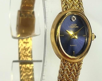 Jules Jurgensen Vintage Ladies Watch Quartz Movement Gold Tone Chevron Mesh Bracelet Blue Oval Dial Real Diamond Accent Running Fine