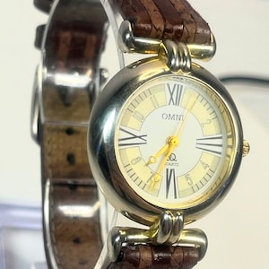 Omni Quartz Watch Round Two Tone Case Glow Dial Roman Numerals Brown Leather Strap Vintage Style Good Condition