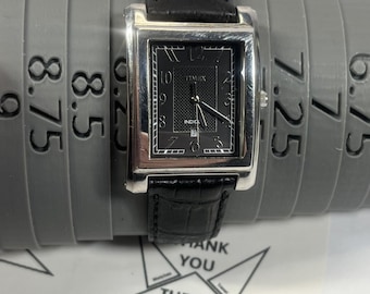 Rare Timex Tank Style Watch 2006 Stainless Steel, Rectangular Black Textured Dial Indiglo Light Date Feature Black Leather Strap New Battery