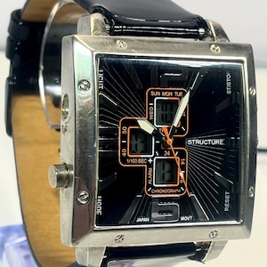 Structure Dual Time Analog Digital Multi-Function Chronograph Oversized Square Steel Case Black Dial Leather Strap, Missing Light Button.