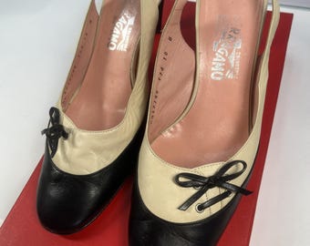 Salvatore Ferragamo 10B two-tone leather slingback pumps. cream or bone leather body contrasted black kidskin leather cap toe Lightly worn.