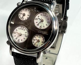 Croton 4 Time Zone 40mm Watch. Genuine Stingray Leather Strap. 4 new Batteries.