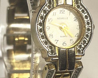 Novelle two tone quartz watch, crystal bezel link bracelet, 1990s New Battery