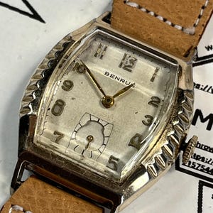 Benrus Vintage 1940's Wristwatch Gold Tone Tortue Case Arabic Numerals Sub Second Dial Manual Wind Swiss Movement Art Deco Style Rare Find