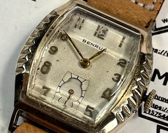 Benrus Vintage 1940's Wristwatch Gold Tone Tortue Case Arabic Numerals Sub Second Dial Manual Wind Swiss Movement Art Deco Style Rare Find