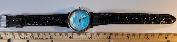 Epson 32mm Extremely rare Vintage quartz wristwatch on a black leather strap unique blue face Epson design knurled bezel edge. New battery View 2