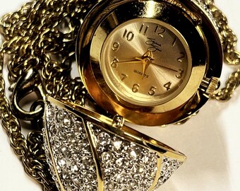 Suzanne Somers Pendant Watch gold tone rhinestone egg vintage 90s quartz movement silver dial New Battery works well