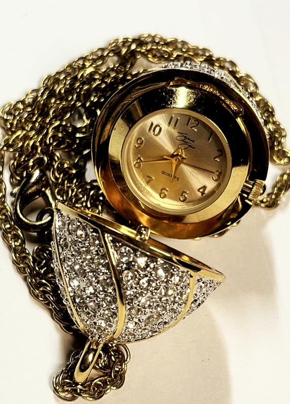 Suzanne Somers Pendant Watch Gold Tone Rhinestone Egg  display picture 3