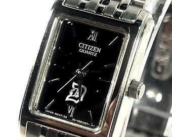 Citizen Quartz EJ5850-57E, Detroit Tigers logo dial. Dress-style watch, black rectangular, stainless steel case and bracelet. New Battery