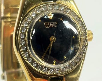 Citizen Ladies Gold Tone Quartz Watch Black Dial Rhinestone Bezel Gold Hands Elegant Design Classic Style Wristwatch